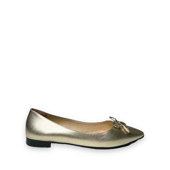 PRADA Gold Metallic Leather Bow Logo Accent Pointed Toe Ballet Flats 36 US 6 - Picture 2 of 7